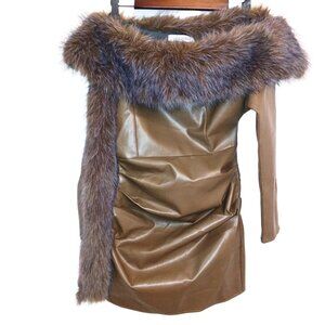 WOMEN'S TAUPE OFF THE SHOULDER BROWN AND GRAY FAUX FUR SHIRT DRESS - XXS